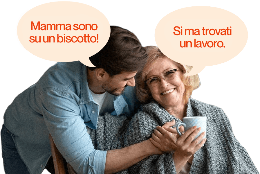 Un ragazzo e sua nonna sorridono, con due fumetti