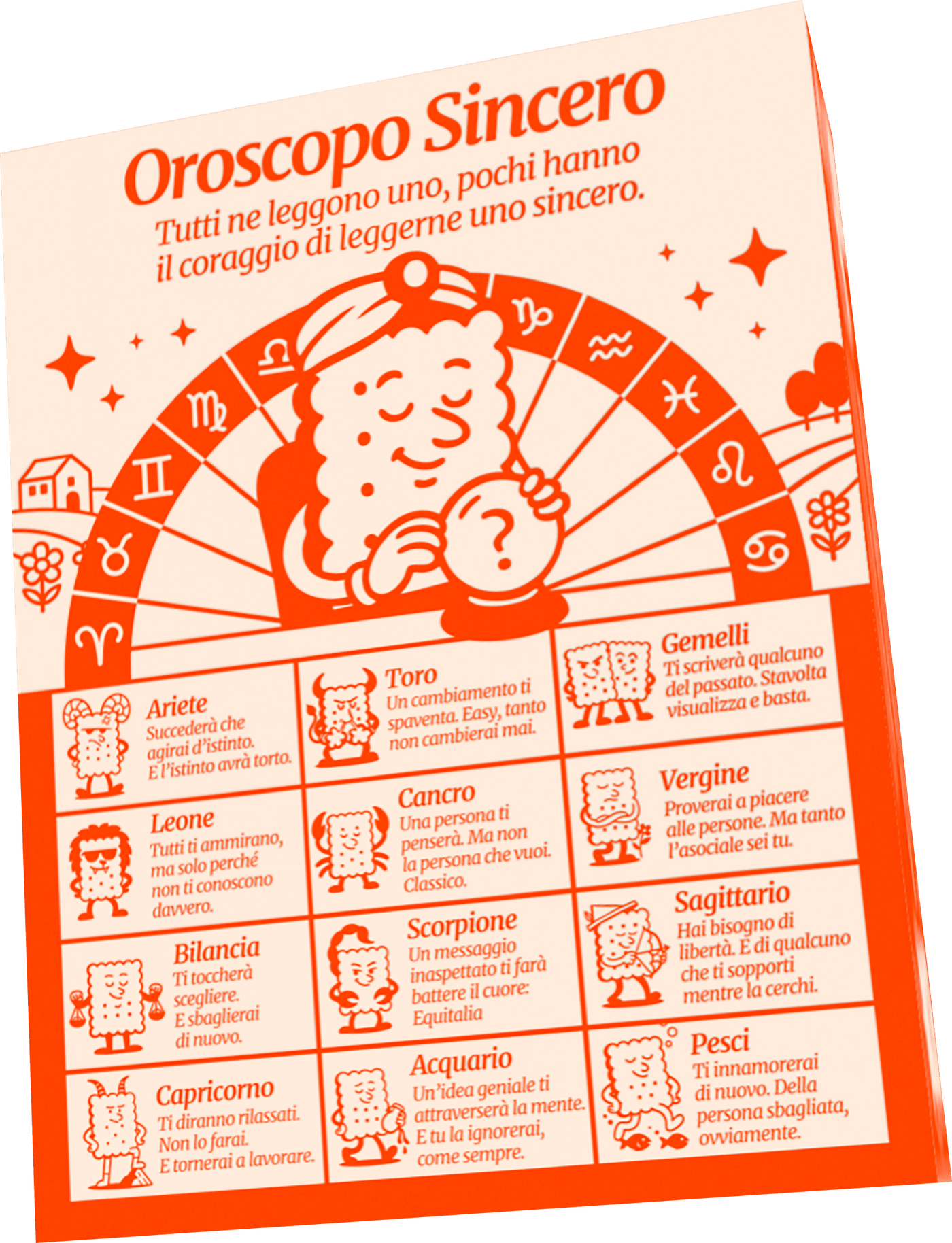La card dell'Oroscopo Sincero: la ruota dei dodici segni, ognuno con la sua frase