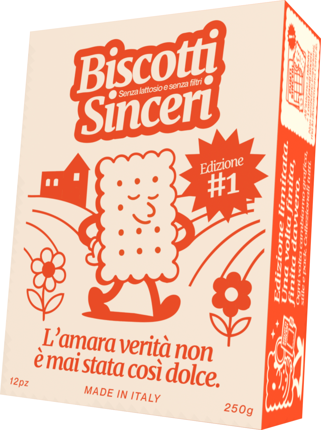 La confezione della prima edizione, color crema, con il biscotto-mascotte e la scritta «L'amara verità non è mai stata così dolce»