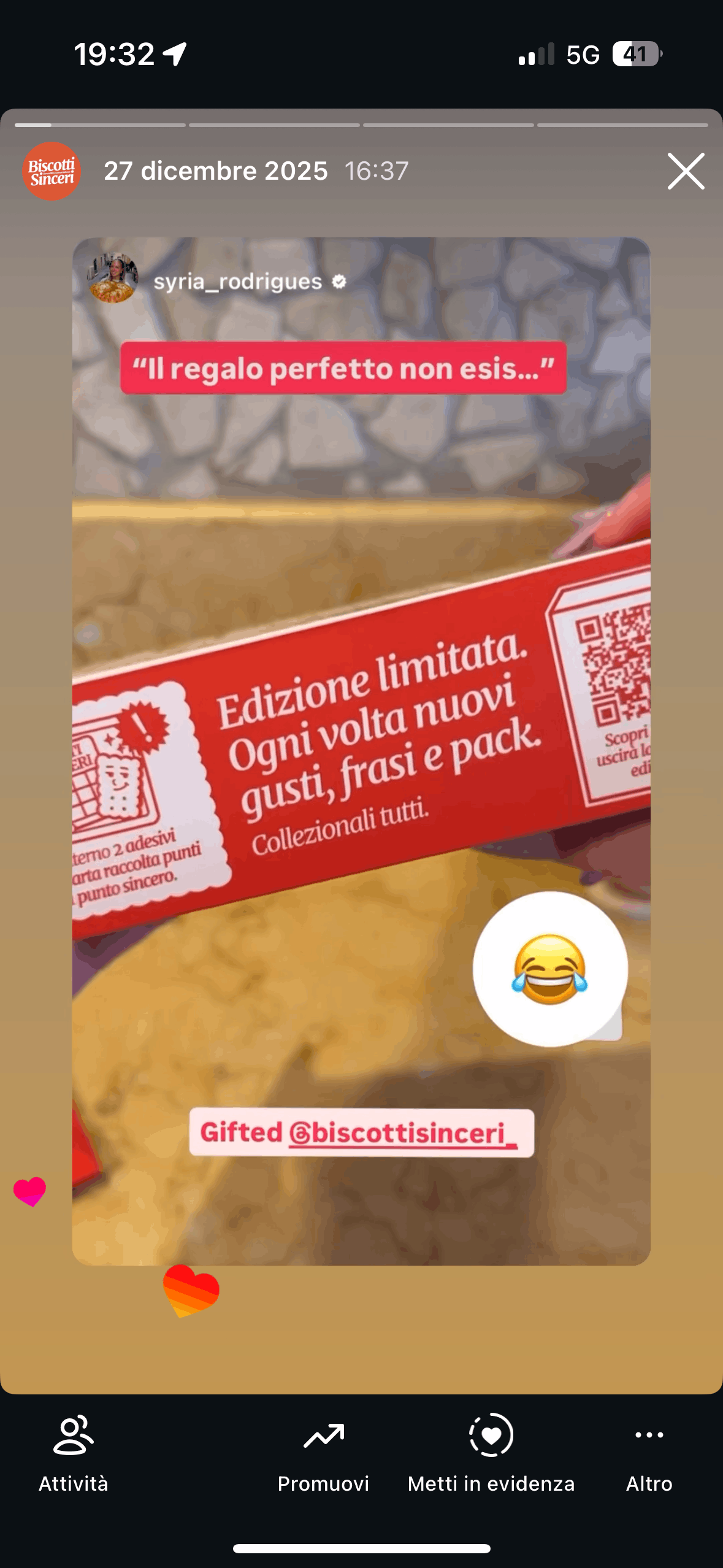 Storia Instagram di un cliente con i Biscotti Sinceri
