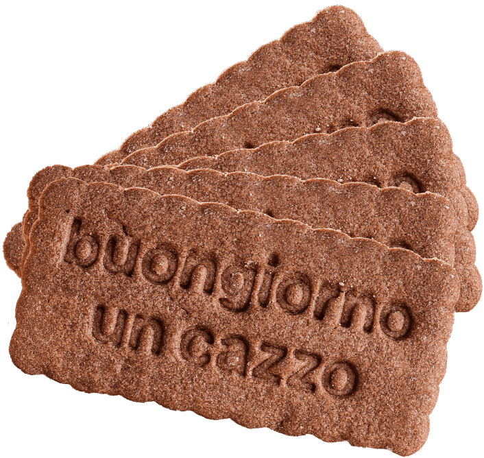 Cinque Biscotti Sinceri al cacao disposti a ventaglio, con la frase «buongiorno un cazzo» impressa sopra